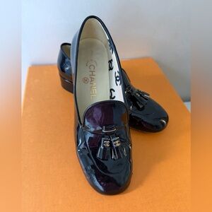 CHANEL Black Patent Leather Tassel Loafers